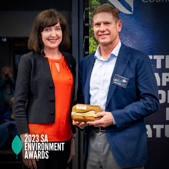 Minister for Climate, Environment and Water, Dr Susan Close with the 2023 Pelzer Prize winner James Smith
